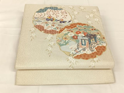 平和屋着物◎太鼓柄袋帯　雪輪花鳥文　金糸　正絹　逸品　AABM5658dk