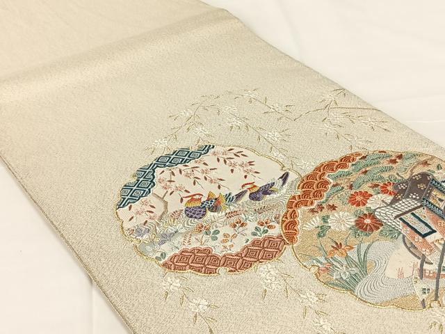 平和屋着物◎太鼓柄袋帯　雪輪花鳥文　金糸　正絹　逸品　AABM5658dk