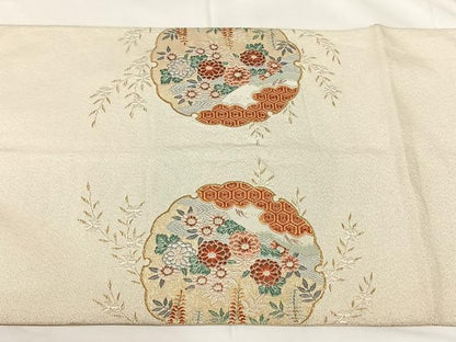 平和屋着物◎太鼓柄袋帯　雪輪花鳥文　金糸　正絹　逸品　AABM5658dk