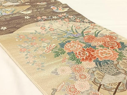平和屋着物◎六通柄袋帯　唐織　九百錦　銀繍花車立　金糸　正絹　逸品　AABM5659dk