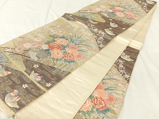 平和屋着物◎六通柄袋帯　唐織　九百錦　銀繍花車立　金糸　正絹　逸品　AABM5659dk