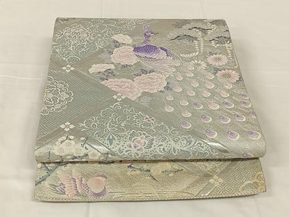 平和屋着物◎西陣　六通柄袋帯　唐織　拚垣草鳥文　銀糸　正絹　逸品　AABM5660dk