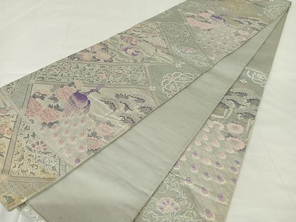 平和屋着物◎西陣　六通柄袋帯　唐織　拚垣草鳥文　銀糸　正絹　逸品　AABM5660dk