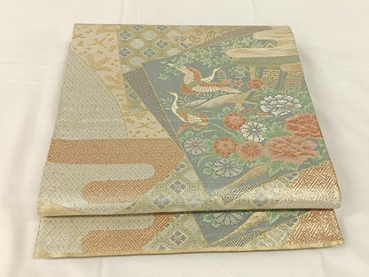 平和屋着物◎佐賀錦　六通柄袋帯　飛鶴花文　金銀糸　正絹　逸品　AABM5664dk