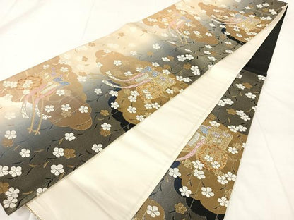 平和屋着物◎六通柄袋帯　唐織　御所車花文　金糸　正絹　逸品　AABM5671dk