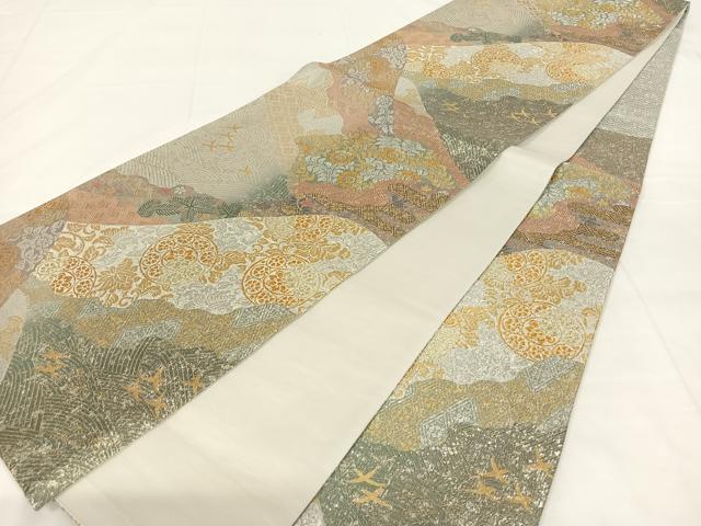 平和屋着物◎六通柄袋帯　流水遠山割付文　金銀糸　正絹　逸品　AABM5672dk