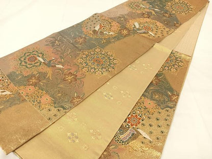 平和屋着物◎両面六通柄袋帯　孔雀唐花流水文　金銀糸　正絹　逸品　AABM5673dk