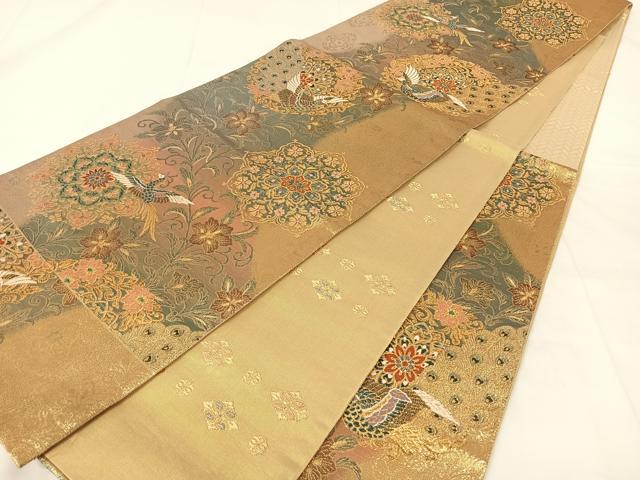 平和屋着物◎両面六通柄袋帯　孔雀唐花流水文　金銀糸　正絹　逸品　AABM5673dk