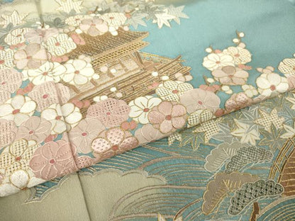 平和屋着物●中国三大刺繍　汕頭刺繍　スワトウ刺繍　総刺繍　訪問着　風景花文　暈し染め　金糸　正絹　逸品　AABM5681ck