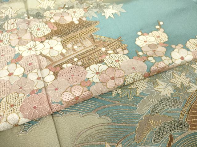 平和屋着物●中国三大刺繍　汕頭刺繍　スワトウ刺繍　総刺繍　訪問着　風景花文　暈し染め　金糸　正絹　逸品　AABM5681ck