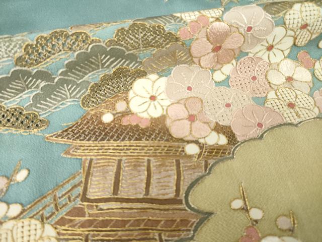 平和屋着物●中国三大刺繍　汕頭刺繍　スワトウ刺繍　総刺繍　訪問着　風景花文　暈し染め　金糸　正絹　逸品　AABM5681ck