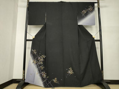 平和屋着物●訪問着　南天文　暈し染め　黒地　金彩　さが美扱い　正絹　逸品　AABM5707ck