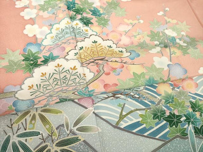 平和屋着物●訪問着　友禅　松竹梅吉祥文　正絹　逸品　AABM5716ck
