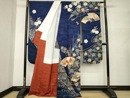 平和屋着物●世界的ファッションデザイナー　山本寛斎　kansaiブランド　振袖　駒刺繍　扇面花蝶文　金彩　正絹　逸品　AABM5720ck