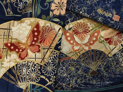 平和屋着物●世界的ファッションデザイナー　山本寛斎　kansaiブランド　振袖　駒刺繍　扇面花蝶文　金彩　正絹　逸品　AABM5720ck