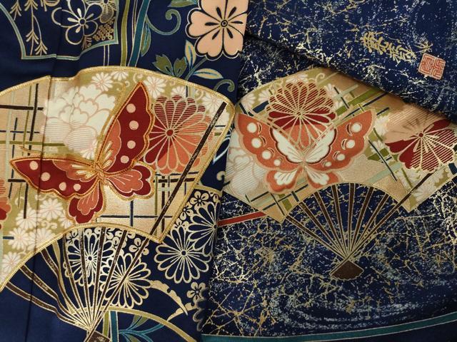 平和屋着物●世界的ファッションデザイナー　山本寛斎　kansaiブランド　振袖　駒刺繍　扇面花蝶文　金彩　正絹　逸品　AABM5720ck
