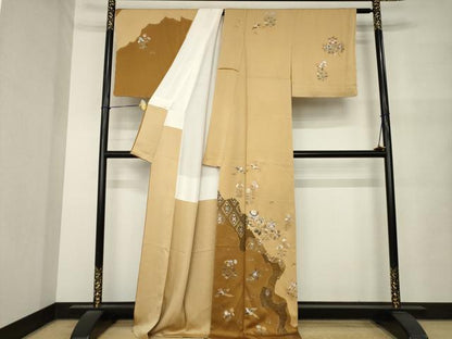 平和屋着物●染織作家　染織デザイナー　大島明　訪問着　螺鈿　更紗花蝶文　金銀彩　正絹　逸品　AABM5731ck