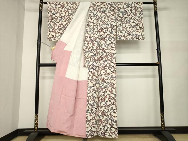 平和屋着物●上質な小紋　お召ちりめん　型染め　枝花文　正絹　逸品　AABM5740ck