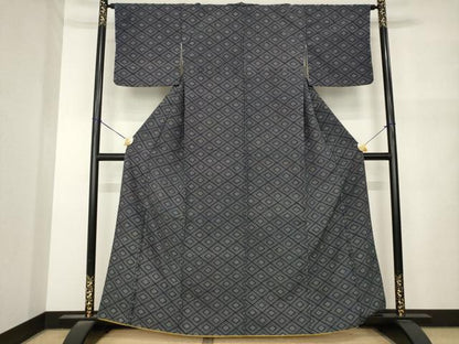 平和屋着物●上質な小紋　菱文　お召縮緬　黒地　正絹　逸品　AABM5744ck