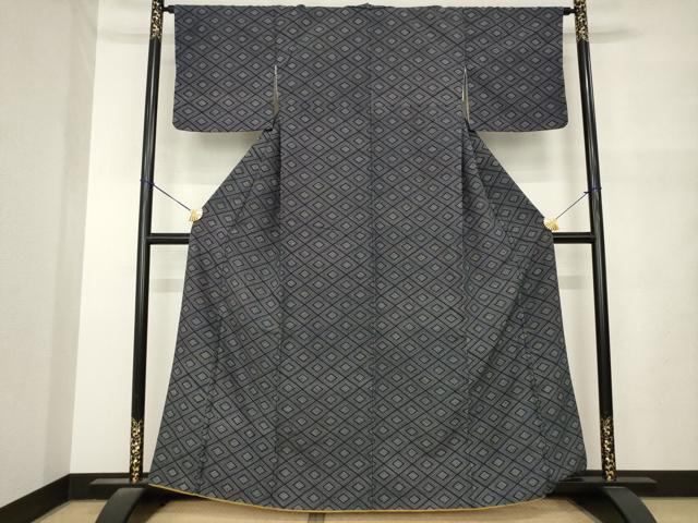 平和屋着物●上質な小紋　菱文　お召縮緬　黒地　正絹　逸品　AABM5744ck