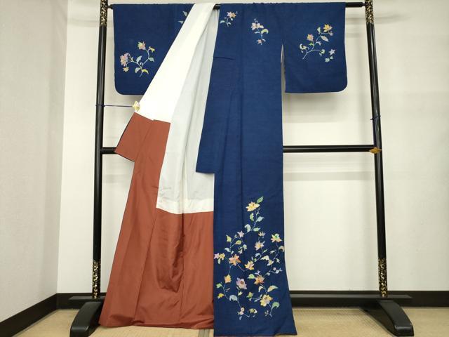 平和屋着物●訪問着　紬地　更紗花蔦草文　正絹　逸品　AABM5754ck