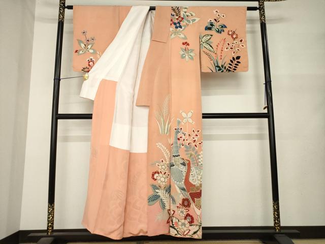 平和屋着物●アンティーク　大正ロマン　訪問着　孔雀花文　金彩　正絹　逸品　AABM5778ck