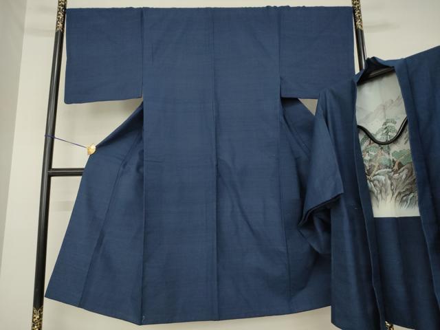 平和屋着物●男性　紬　アンサンブル　色無地　青褐色　正絹　逸品　AABM5780ck