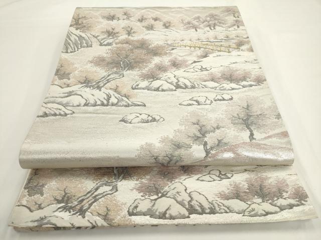 平和屋着物◎六通柄袋帯　風景樹林文　銀糸　正絹　逸品　AABM5820ma