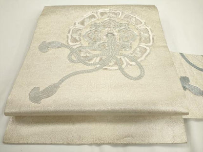 平和屋着物◎九寸名古屋帯　駒刺繍　鏡裏花文　銀糸　正絹　逸品　AABM5826ma