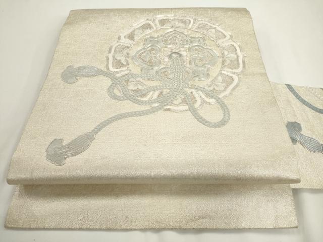 平和屋着物◎九寸名古屋帯　駒刺繍　鏡裏花文　銀糸　正絹　逸品　AABM5826ma