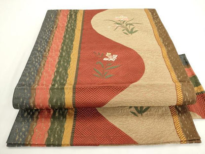 平和屋着物◎本場筑前博多織　八寸名古屋帯　草花間道　正絹　逸品　AABM5834ma