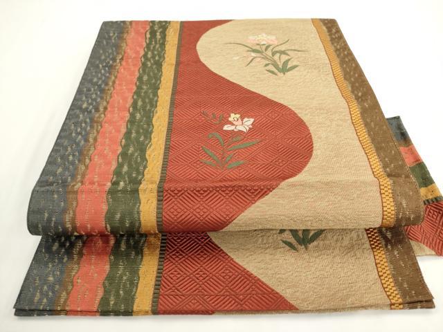 平和屋着物◎本場筑前博多織　八寸名古屋帯　草花間道　正絹　逸品　AABM5834ma