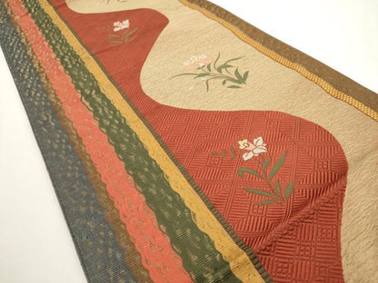 平和屋着物◎本場筑前博多織　八寸名古屋帯　草花間道　正絹　逸品　AABM5834ma