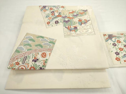 平和屋着物◎九寸名古屋帯　唐織　色紙重ね花鳥文　銀糸　正絹　逸品　未使用　AABM5842ma