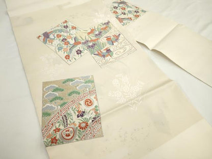 平和屋着物◎九寸名古屋帯　唐織　色紙重ね花鳥文　銀糸　正絹　逸品　未使用　AABM5842ma