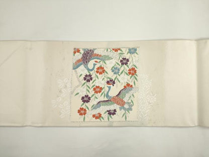 平和屋着物◎九寸名古屋帯　唐織　色紙重ね花鳥文　銀糸　正絹　逸品　未使用　AABM5842ma