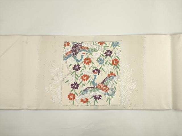 平和屋着物◎九寸名古屋帯　唐織　色紙重ね花鳥文　銀糸　正絹　逸品　未使用　AABM5842ma
