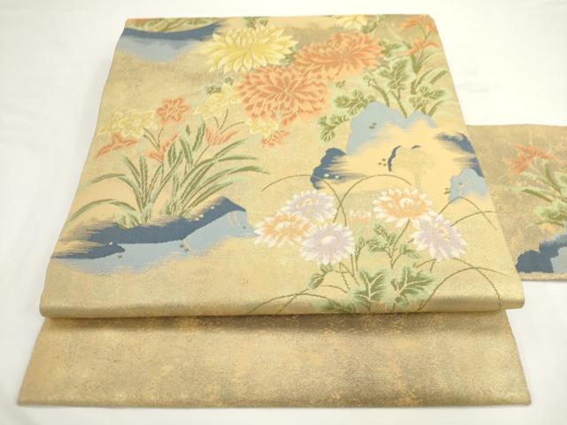 平和屋着物◎九寸名古屋帯　枝花文　金糸　正絹　逸品　AABM5843ma