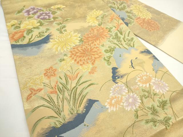 平和屋着物◎九寸名古屋帯　枝花文　金糸　正絹　逸品　AABM5843ma