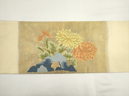 平和屋着物◎九寸名古屋帯　枝花文　金糸　正絹　逸品　AABM5843ma