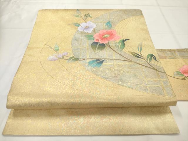 平和屋着物◎九寸名古屋帯　螺鈿　刺繍　枝花文　金糸　金彩　正絹　逸品　AABM5847ma