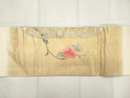 平和屋着物◎九寸名古屋帯　螺鈿　刺繍　枝花文　金糸　金彩　正絹　逸品　AABM5847ma