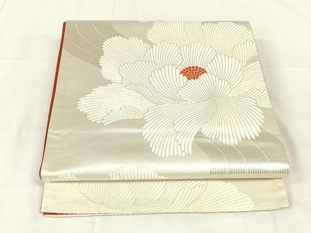 平和屋着物◎六通柄袋帯　流水花文　銀糸　正絹　逸品　AABM6089dk