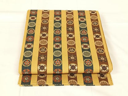 平和屋着物◎本場筑前博多織　八寸名古屋帯　花丸間道　金糸　正絹　逸品　AABM6094dk