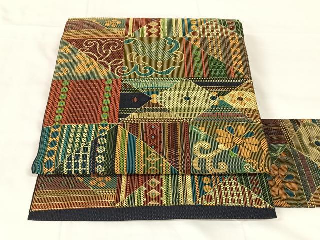 平和屋着物◎本場筑前博多織　八寸名古屋帯　切嵌更紗花文　正絹　逸品　AABM6095dk