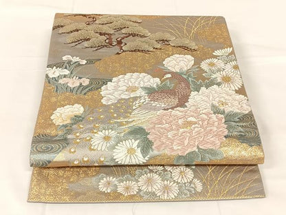平和屋着物◎六通柄袋帯　唐織　金碧四季瑞祥図　牡丹孔雀文　金糸　正絹　逸品　AABM6125dk