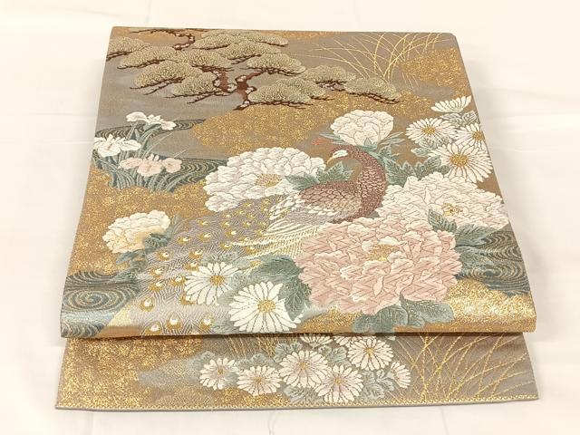 平和屋着物◎六通柄袋帯　唐織　金碧四季瑞祥図　牡丹孔雀文　金糸　正絹　逸品　AABM6125dk