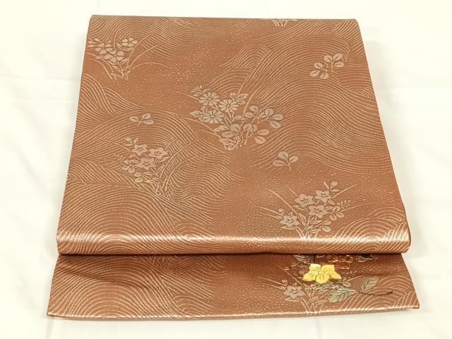 平和屋着物◎六通柄袋帯　螺鈿　流水草花文　銀糸　正絹　逸品　AABM6126dk
