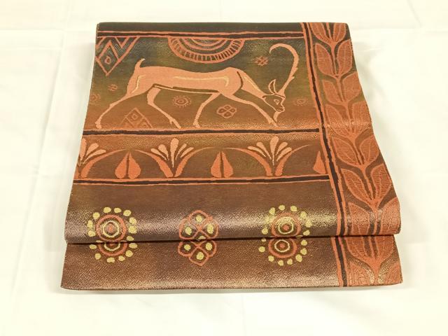 平和屋着物◎六通柄袋帯　鹿　天然美　正絹　逸品　AABM6130dk