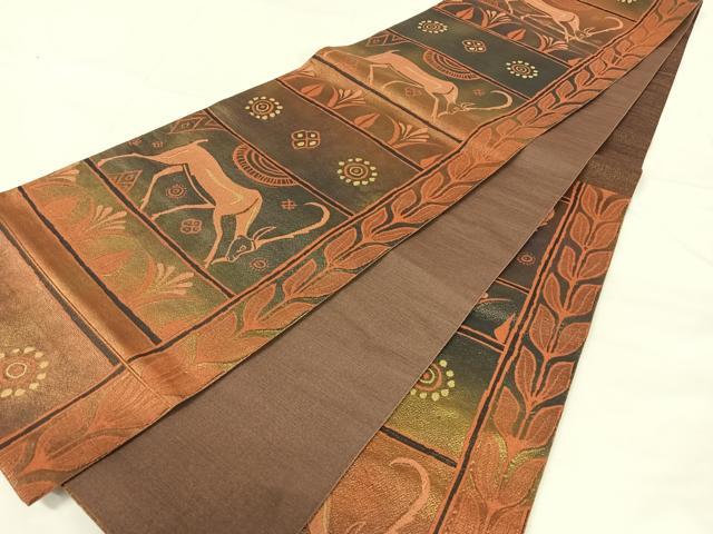 平和屋着物◎六通柄袋帯　鹿　天然美　正絹　逸品　AABM6130dk
